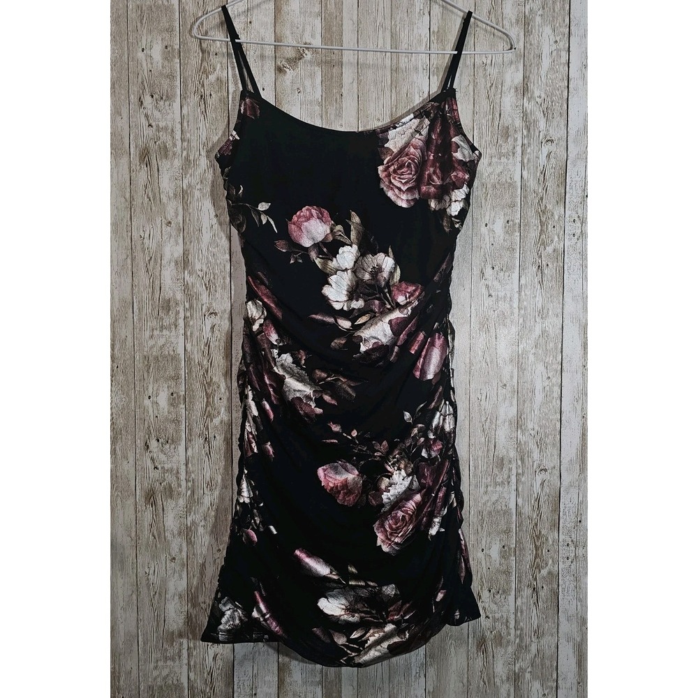 Windsor Black floral Slip Dress Jrs. Small Rear & Sides Ruched Homecoming Dress